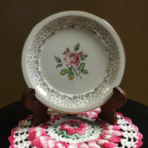 Seven Vintage Cornish Rose 22KT Gold Georgian Fine China Dessert Plates - Picture 6 of 16